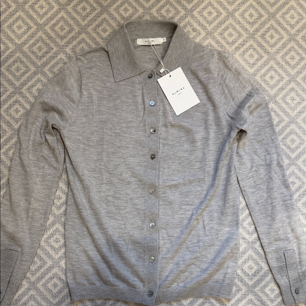 Almina Light Gray Button-Up Merino Wool Cardigan